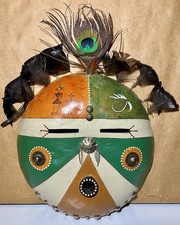 Southwestern Kachina Inspired Gourd Mask Wall Art Metal Conchos & Feathers 14”