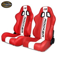 Universal Reclinable Pair Racing Seats Dual Sliders Red Pu Leather White Stripe