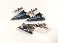 Vintage Swank Blue Cut Glass Triangle Cufflinks Tie Bar Tack Set Atomic MCM
