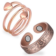 Feraco 2 Pcs Magnetic Copper Rings Adjustable, Copper rose Gold-flower Series