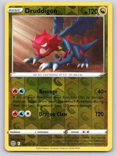 POKEMON DRUDDIGON BRILLIANT STARS 113/172 REVERSE HOLO RARE NM A44127 FREE S&H