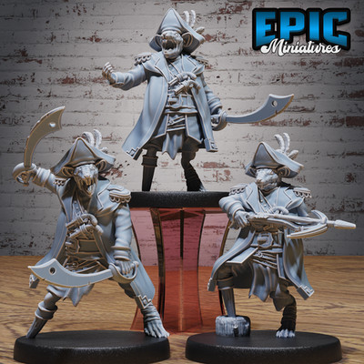 D&D Miniature - Ratfolk Pirate Captain Set - 3D Model Print DnD Figur 3 Figuren