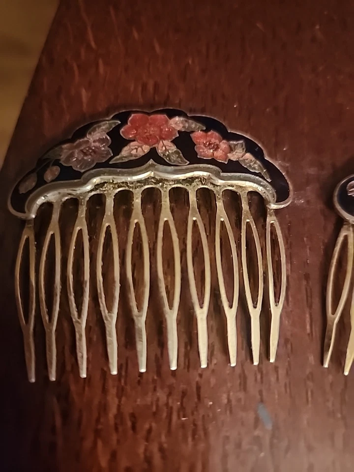 Vintage Cloisonné Hair Comb Floral Art Deco Enamel Gold Tone Hair Accessory - Image 2 of 4