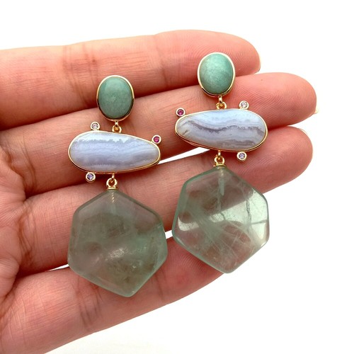 Y·YING Hexagon Shape Green Amethyst Amazonite Lace Agate Dangle Stud Earrings - Picture 4 of 6