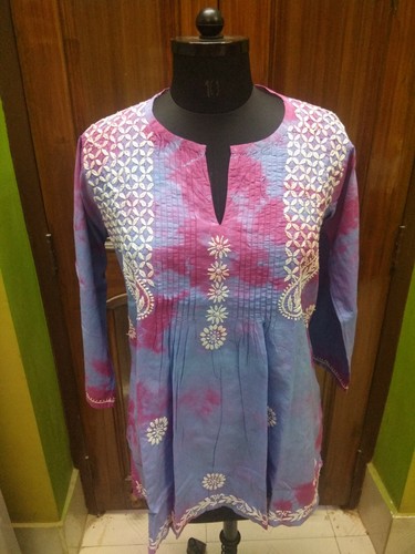 TIE DYE S 38" L 42" CHIKAN EMBROIDERY 100%COTTON ETHNIC TOP HANDMADE KURTA KURTI - Picture 8 of 8
