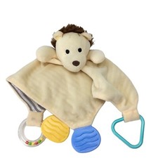 Modern Baby Lion Lovey Security Blanket Rattle Teether Plush Ribbed Blankie Tan
