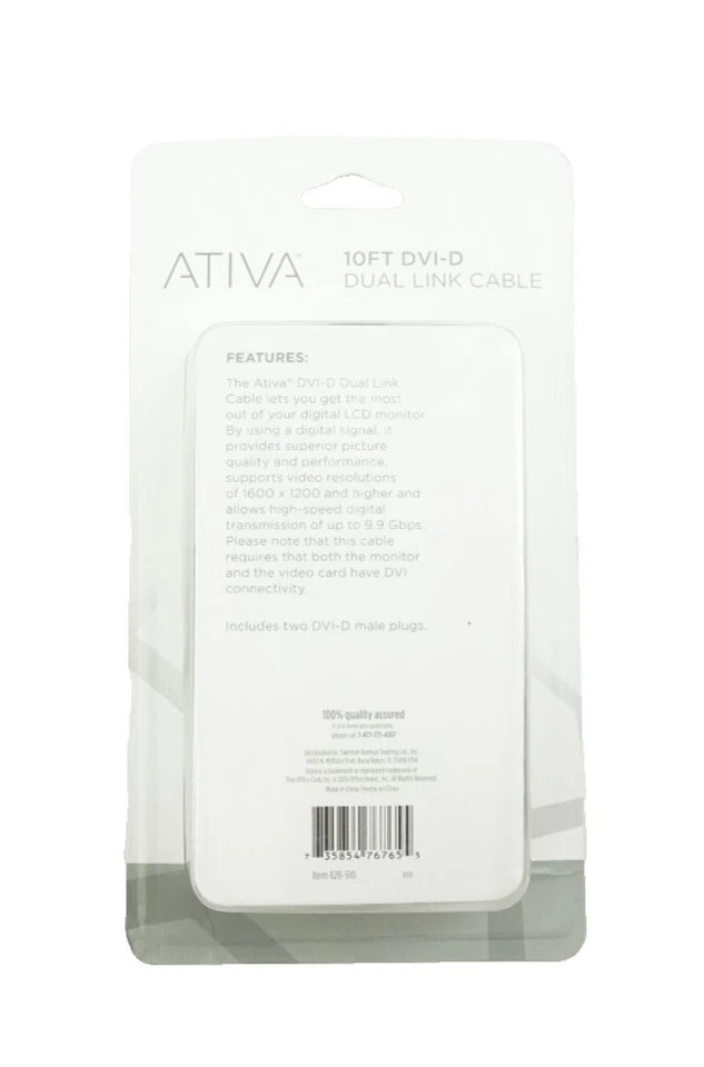 Ativa DVI-D Dual Link Cable 10 Foot Computer Monitor Projector 828-510 - Image 2 of 2