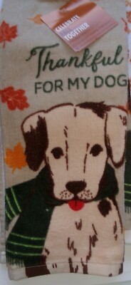 FULL UNCUT AUTUMN THANKFUL FOR MY DOG Print Cotton Kitchen Dishtowel