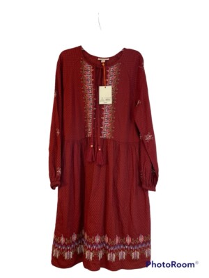 Knox Rose - Women's Balloon Long Sleeve Embroidered Dress Maroon Size Medium