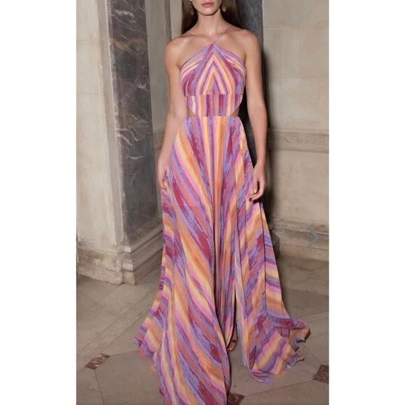 Amur Janet Pleated Striped Cut Out Gown Dress Rainbow Pink Size 0