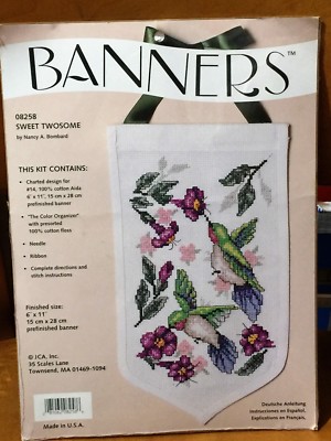 Vintage JCA Hummingbirds Floral Banners SWEET TWOSOME Cross Stitch Kit Sealed