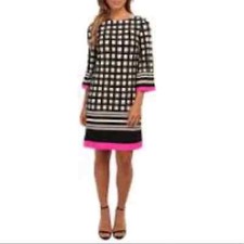 Eliza J shift dress window pane geometric print fuschia trim NEW without Tag Sz6