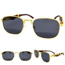 Classic Vintage Retro Hip Hop Dark Lens SUN GLASSES Large Gold  Faux Wood Frame