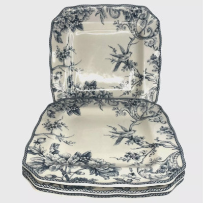 Adelaide Blue Square Salad Plates 8.5 in Flower And Bird Design Set Of 4 New