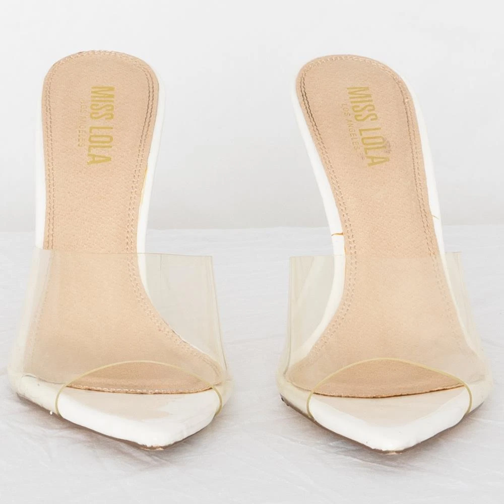 Miss Lola White Clear Stiletto Plexi Slides Size 8.5 4.5 Heels Used Dirty  Worn | eBay