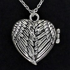 ANGEL WING Heart Locket Pewter Necklace - Choice of Chain Length - Ready to Gift