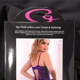 G World Intimates Purple Lace Corset Lingerie Set Thong Stockings One Size 3pc