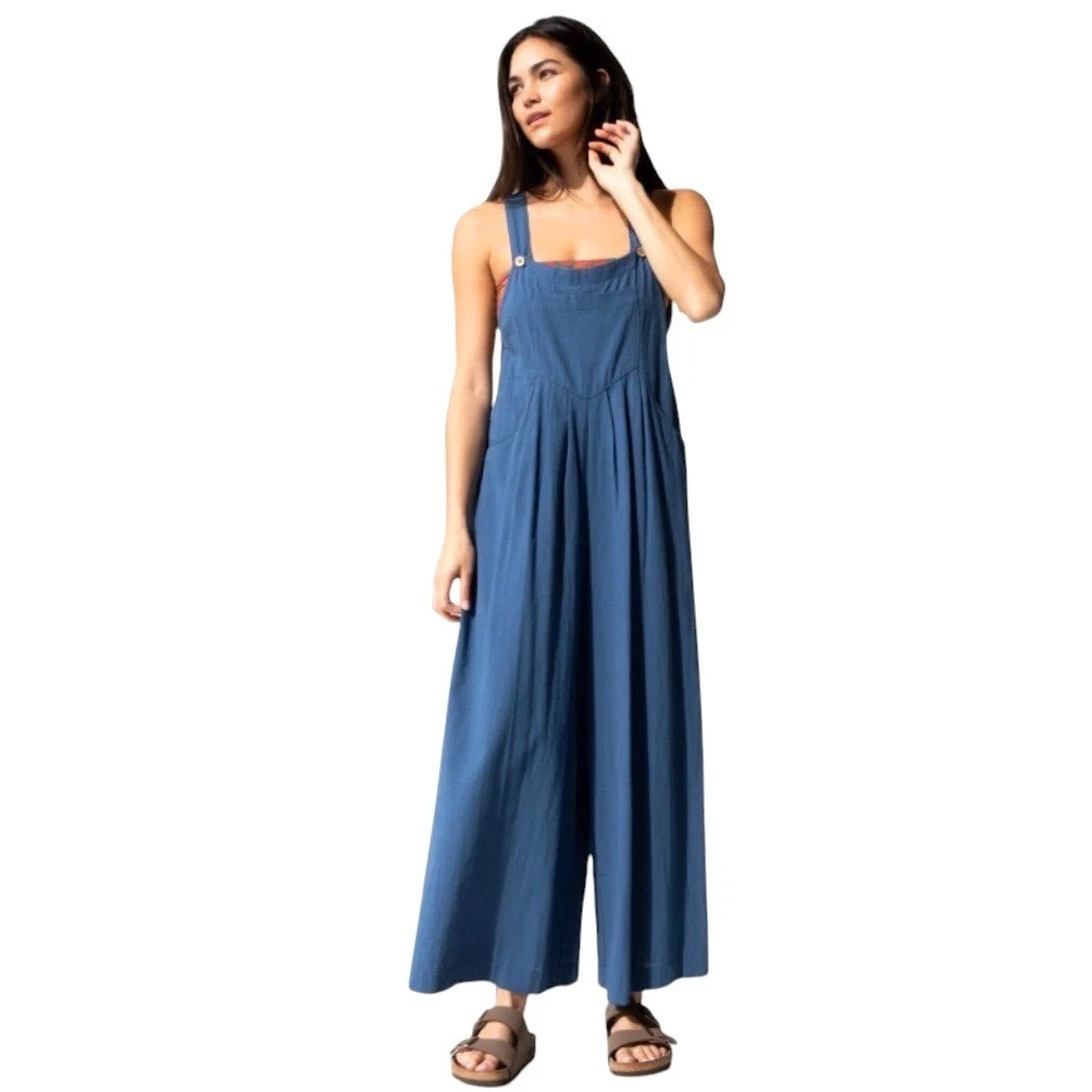 Natural Life Carrington Overall Jumpsuit Large Wide Leg Blue Hippie Artsy