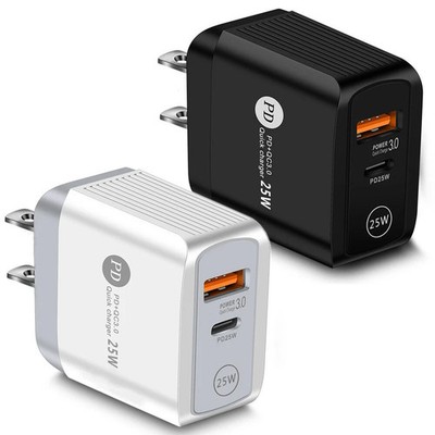 Black 25W PD + QC 3.0 USB Fast Quick Charge Block Dual-Port USB Type-C Adapter