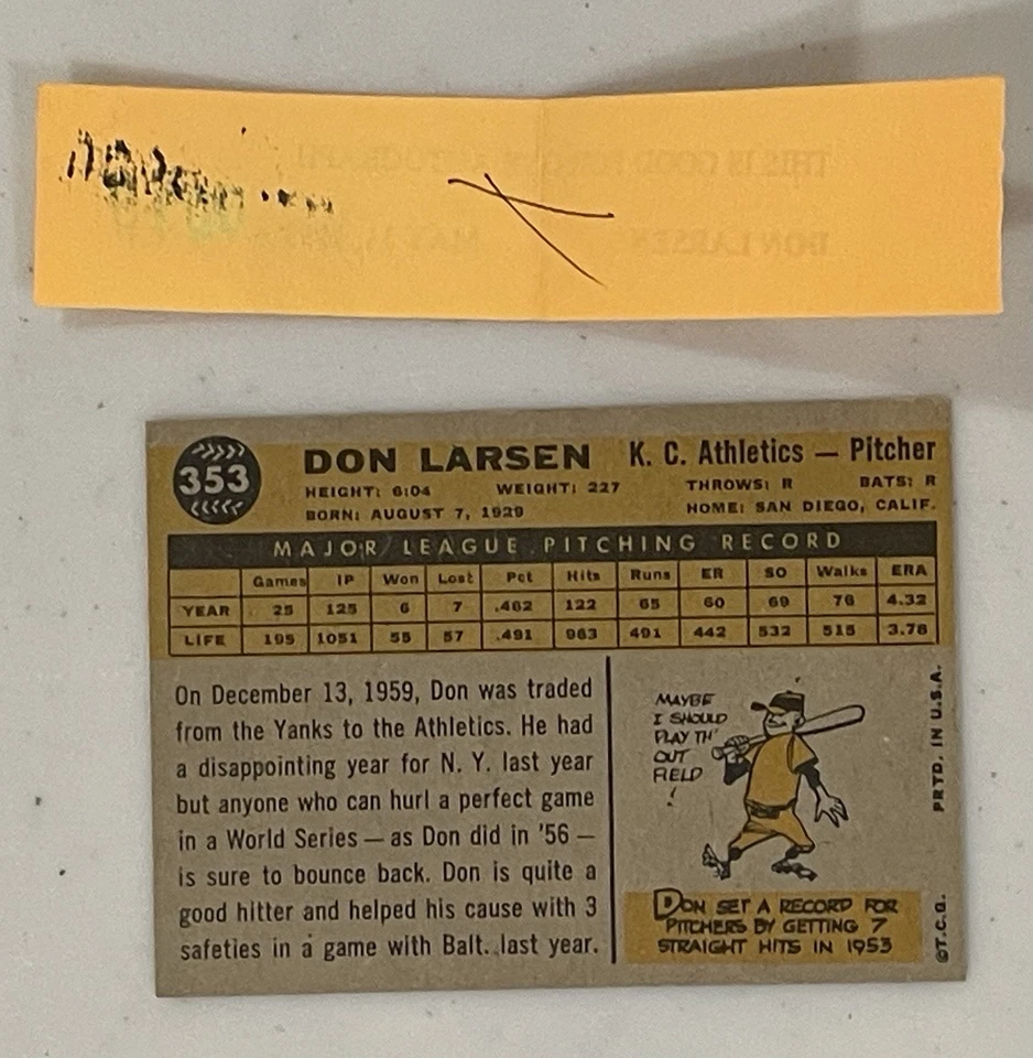 1960 年上衣唐·拉森签名 #353 洋基队田径亲笔签名 — 第 2/2 张图片