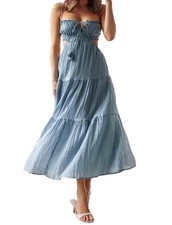 Women's Maxi Dress Sleeveless Backless High Split Summer Party Clubwear - Blue L