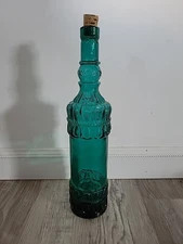 Decorative Teal Glass Bottle Embossed 14" Liquor Bottle with Cork