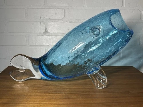 Large Vintage Blenko Style Blue Crackle Glass Fish Vase / Bowl