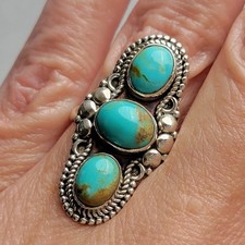 Artisan-Made 3-Stone Turquoise 925 Sterling Silver Ring Size 7