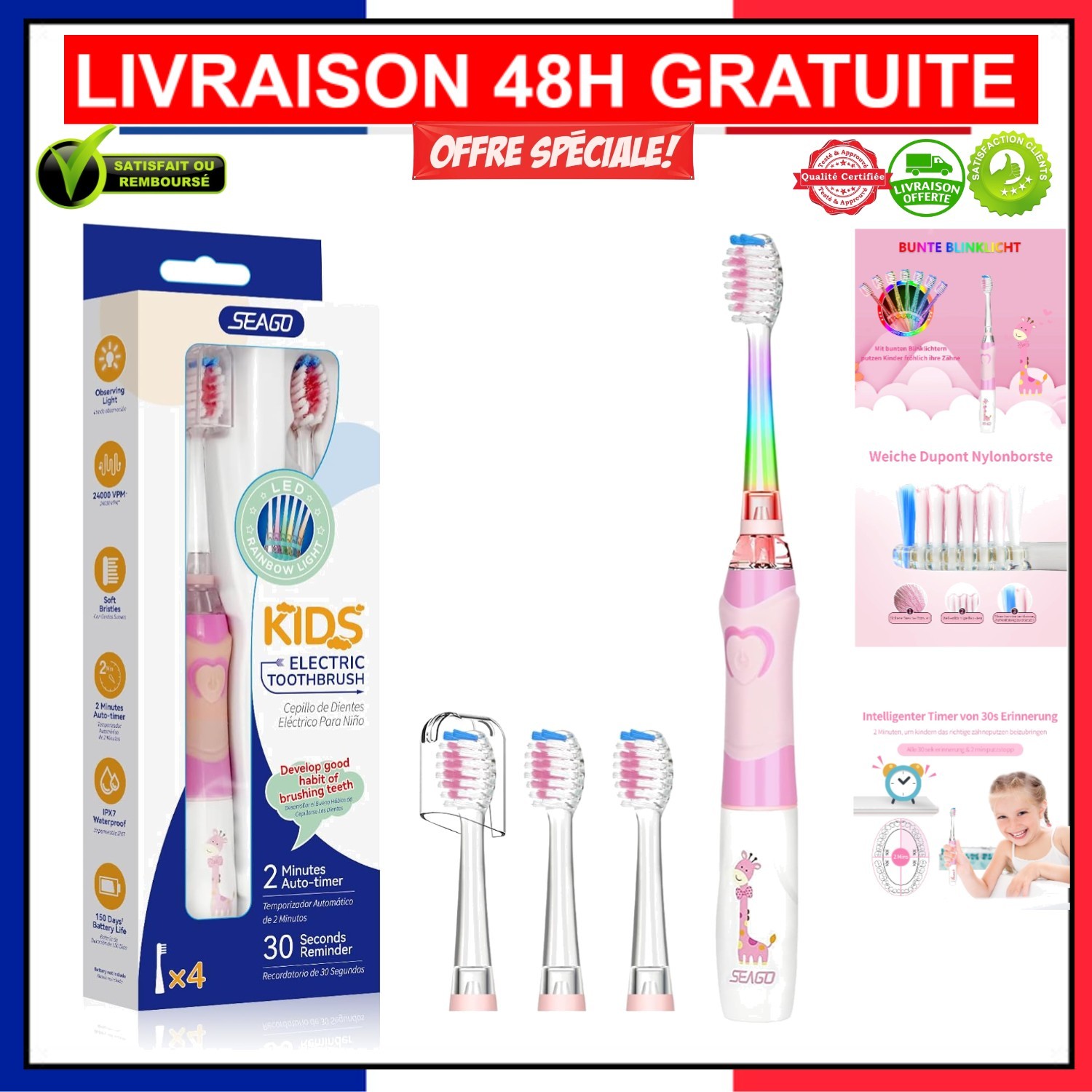Brosse à dents enfant Seago SG-513 avec 3 têtes souples LED et minuterie