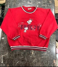 Vintage Peanuts Snoopy Sweatshirt Red Embroidered Crewneck Striped Trim 160A
