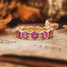 Hexagon Cut Pink Sapphire Eternity Ring, 925 Sterling Silver Stackable Band Ring