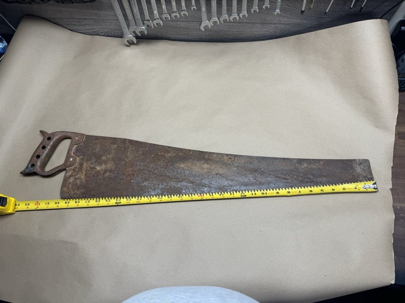 Antique Push Cut Hand Saw W/ Iron Metal Handle & 29" Blade