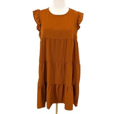 Rust Tiered Flutter Sleeve Dress Casual Relaxed Fit Size S Boho Layering Summer