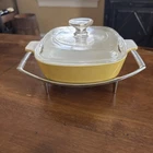 Vtg. Corning Ware Harvest P-1-B 1 Qt Casserole w/ Pyrex Lid A7C & Metal Stand