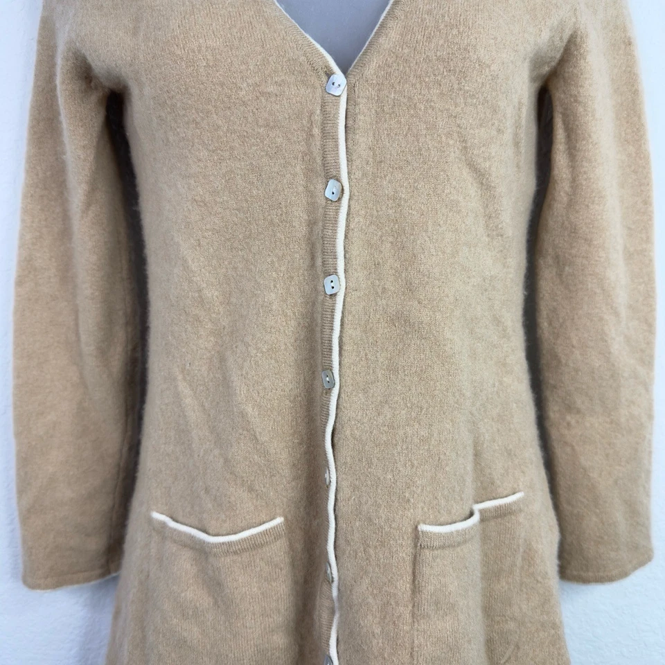 Suéter Lauren Hansen Mujer M Marrón Cachemira Parche en el Codo Preppy Cárdigan Neutro Foto 3 de 4