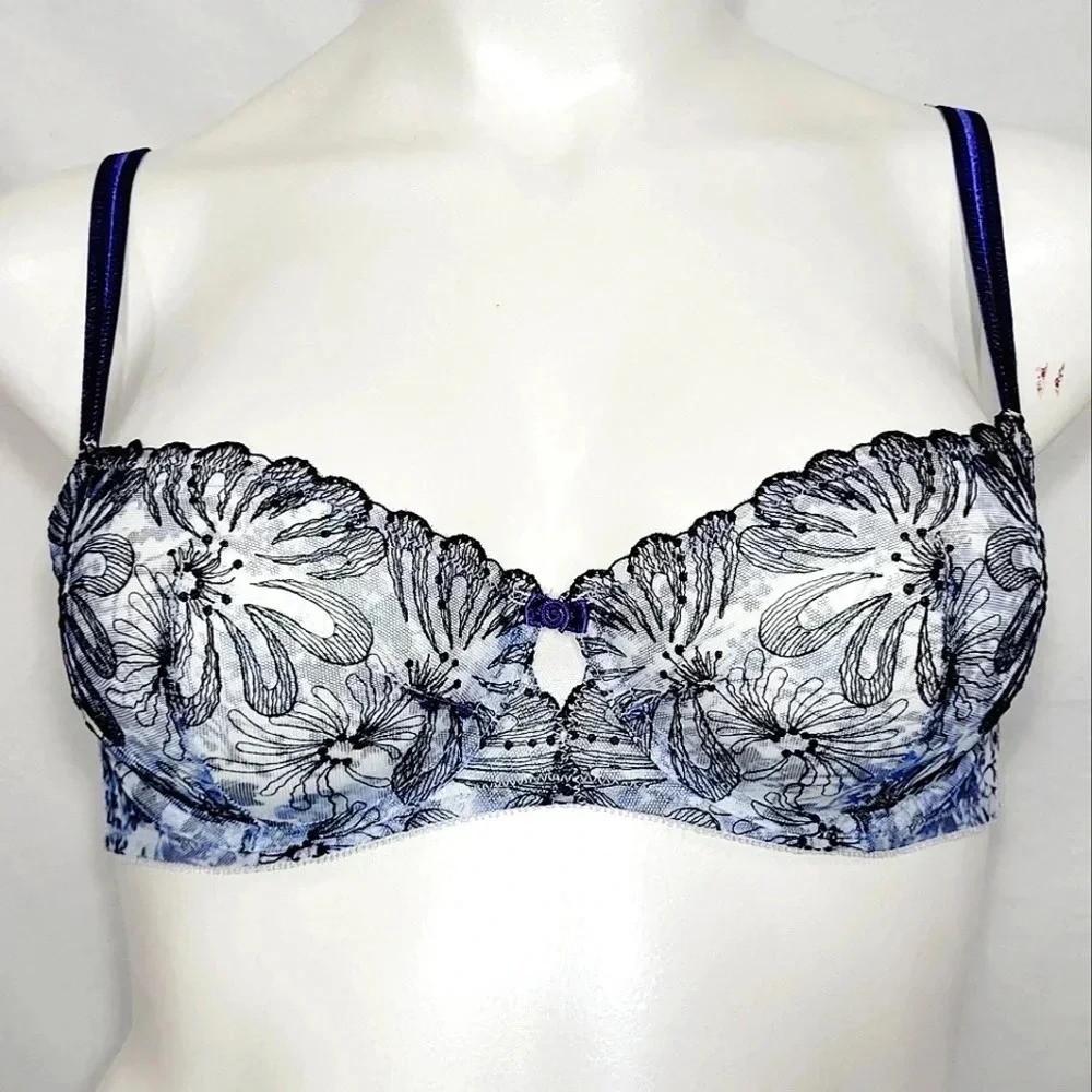 32C Paramour 115009 Ellie Demi Unlined Lace Underwire Bra Blue Blossoms NWT