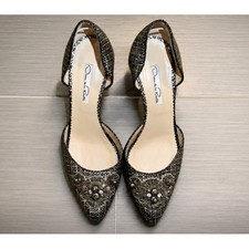 Oscar de la Renta Silver Black Metallic Beaded d'Orsay Pumps Heels Size 38 Italy