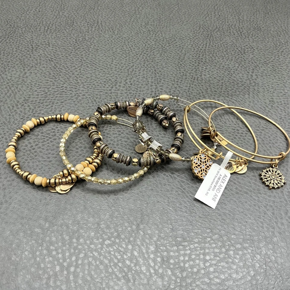 Lote de pulseiras femininas Alex And Ani 6 peças tom dourado com miçangas pulseiras empilháveis - Imagem 2 de 4