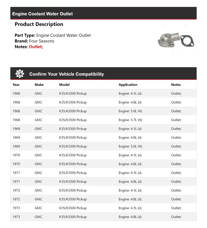 Para 1968-1973 GMC K35/K3500 Pickup Motor Líquido de Refrigerante Saída de Água 4 Estações 1969 - Imagem 2 de 4