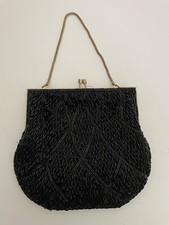 Beautiful Vintage Black Beaded Evening Bag With Gold Tone Hardware Chain Strap