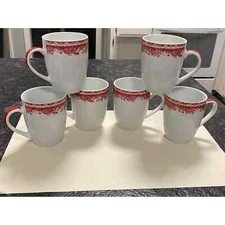 Set of 6 Gibson Elite Designs ~ Holiday Retreat Coffee Mugs Red/White