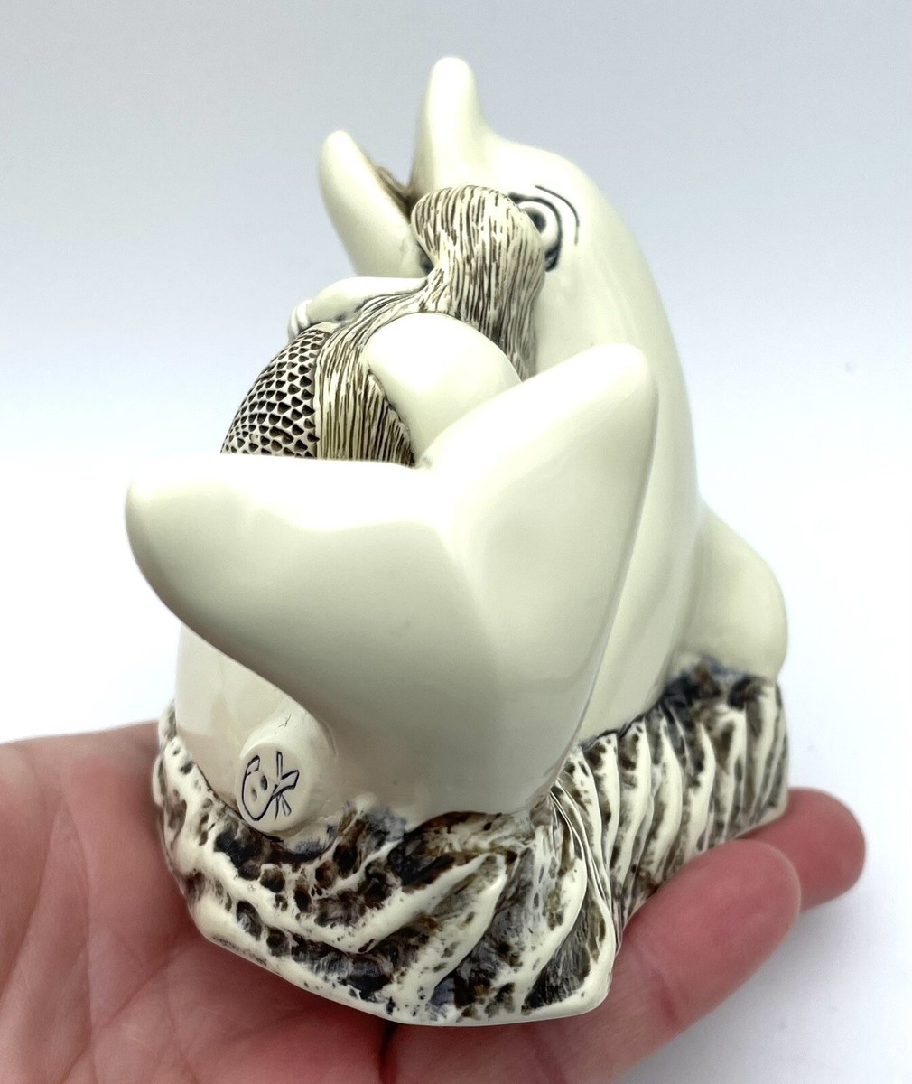 白砡　魚　置物　2g 東S8-0529☆2F GH Cook Co Ivory Colored Sculpture Figurine Dolphin & Mermaid 3 7