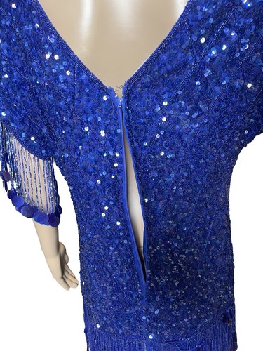 Neiman Marcus Cocktail Vintage Sequin Blue Fringe Beaded Formal Dress Medium - Picture 7 of 10