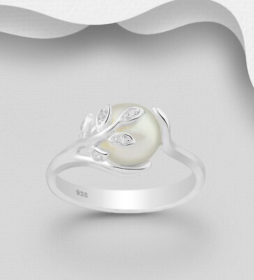 925 Sterling Silber Zweig und Blatt Ring, Süßwasserperle und CZ Größe 9