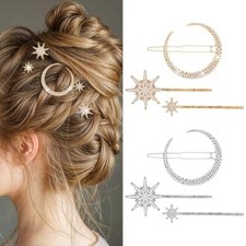 6 Pcs Rhinestone Star Moon Hair Clips, Vintage Hair Pins, Gold Hair