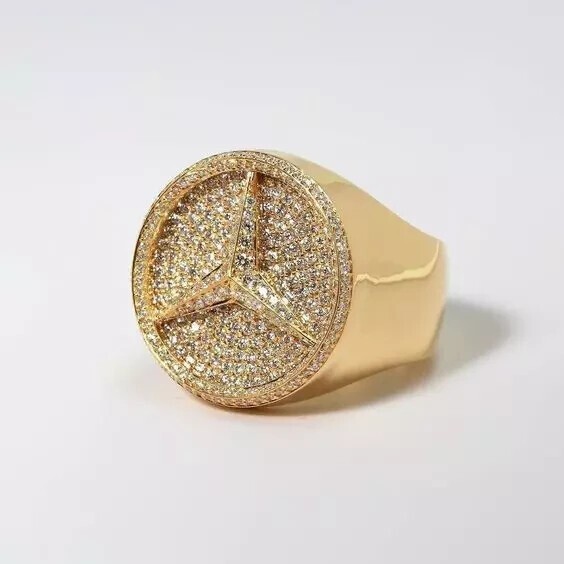 Men's 14K Yellow Gold Plated Round Moissanite Mercedes Wedding Ring