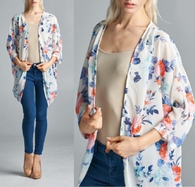 RED LOLLY Floral Print Chiffon Beach Kimono Cardigan Top