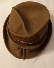 Hat Fedora style by Suzette Art Couture Wool EUC Taupe Tan Beaded