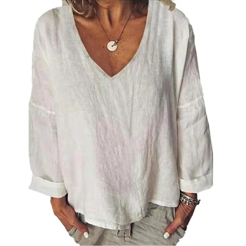 Tees Blouse Pullover T-Shirt Tunic Tops Cotton Linen Baggy Women Long Sleeve - Picture 6 of 17