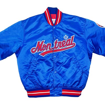 90s STARTER MLB Montreal Expos スタジャン M Vtg Rare MLB Montreal Expos Blue Starter Satin Bomber Jacket Men's